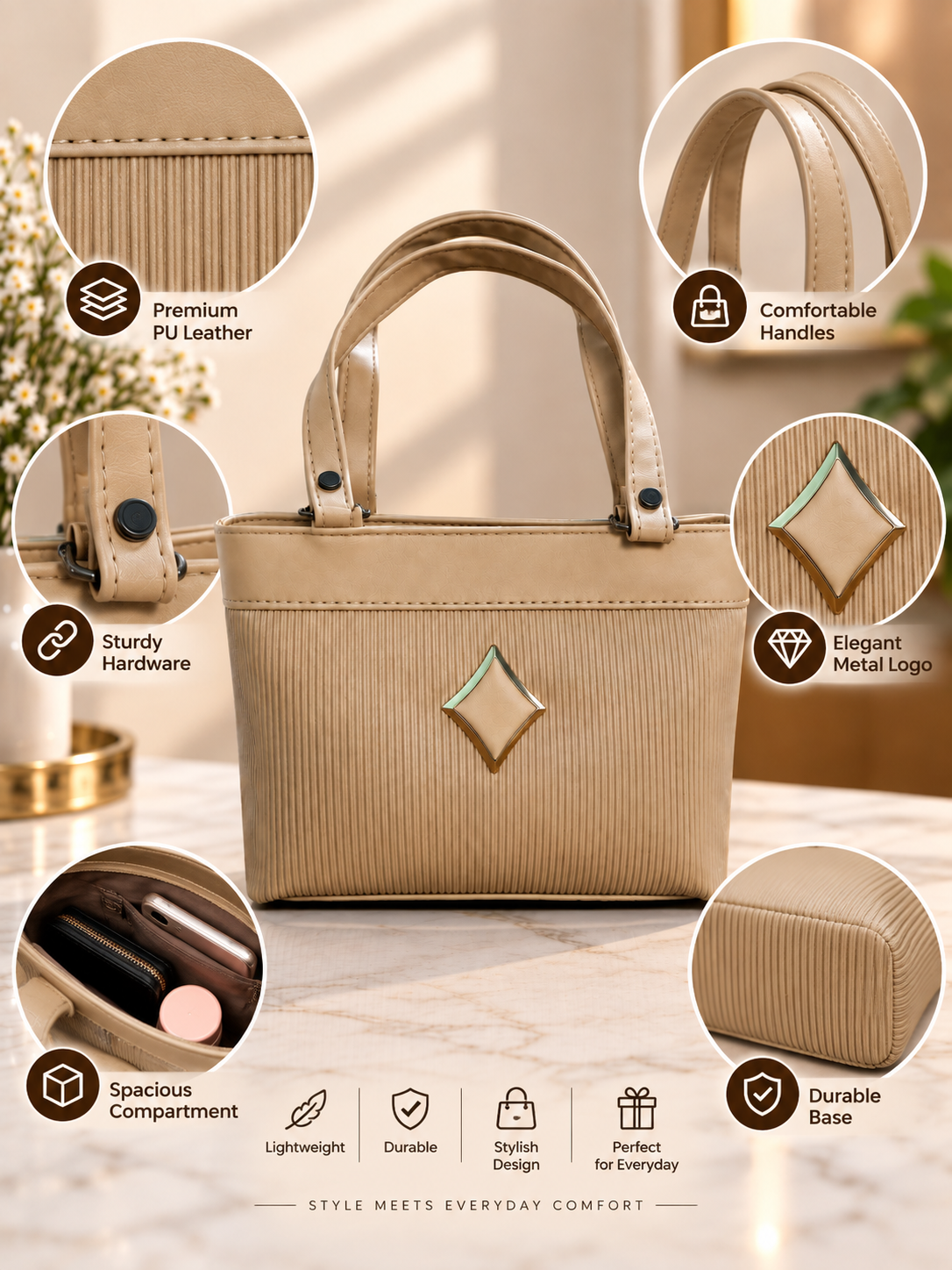 Women’s Stylish PU Leather Handbag | Compact Casual Shoulder & Hand Bag | Elegant Fashion Purse for Daily Use, Shopping & Outings