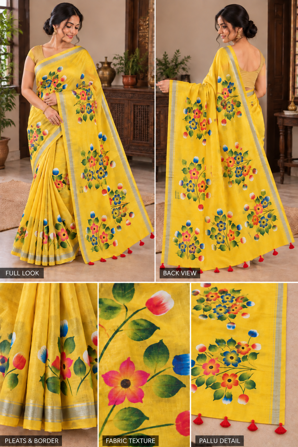 Women’s Yellow Printed Cotton Blend Handloom Saree | Floral Printed Pallu | Plain Border | Casual Wear Saree