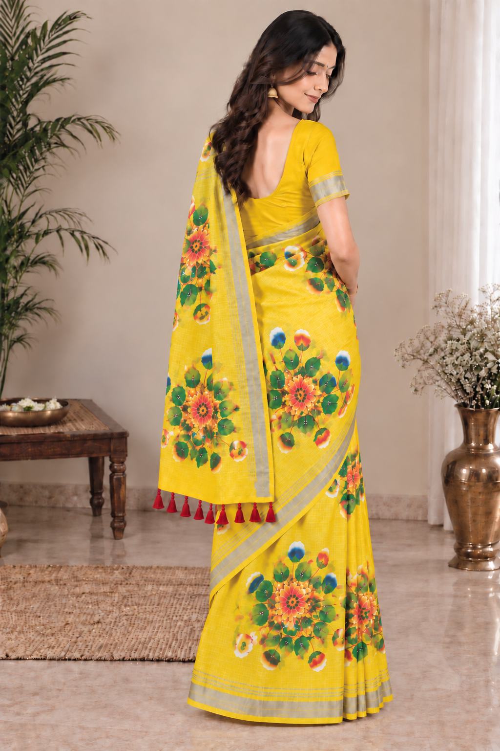 Women’s Yellow Printed Cotton Blend Handloom Saree | Floral Printed Pallu | Plain Border | Casual Wear Saree