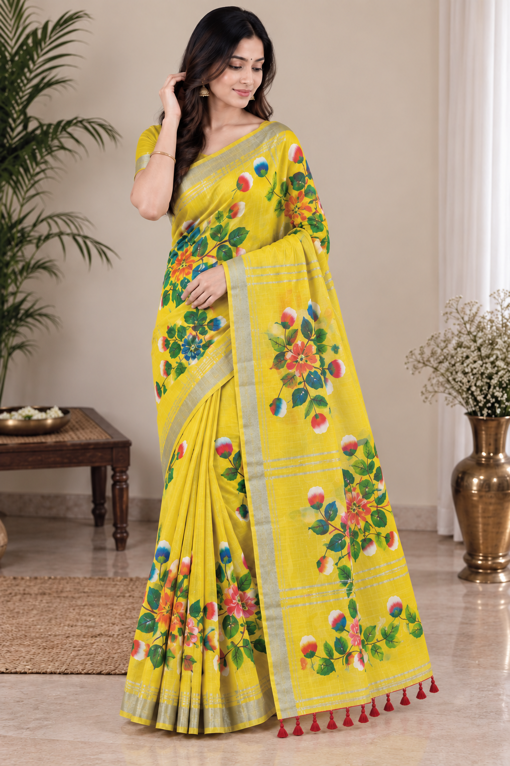 Women’s Yellow Printed Cotton Blend Handloom Saree | Floral Printed Pallu | Plain Border | Casual Wear Saree