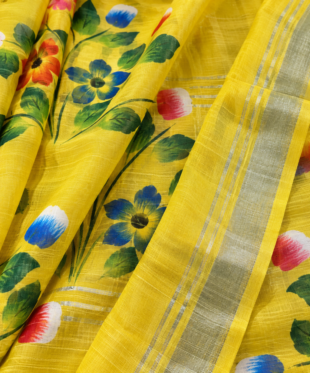 Women’s Yellow Printed Cotton Blend Handloom Saree | Floral Printed Pallu | Plain Border | Casual Wear Saree