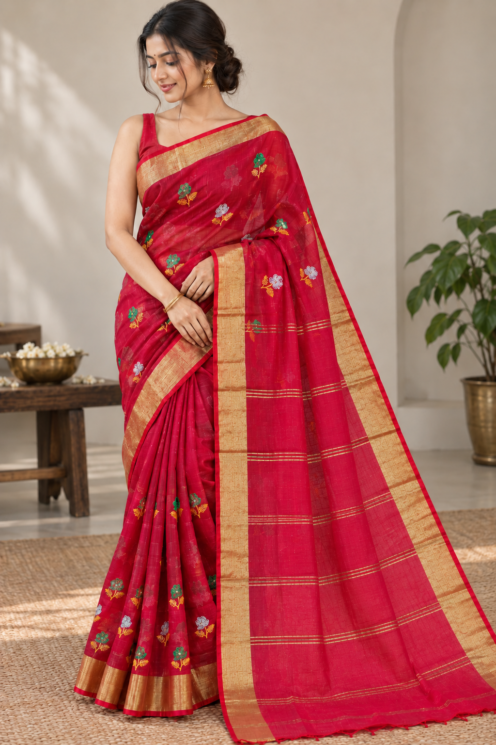 Women’s Hot Pink Cotton Blend Handloom Saree | Floral Embroidery | Golden Zari Border | Green-Gold Stripe Pallu | Traditional Festive Wear