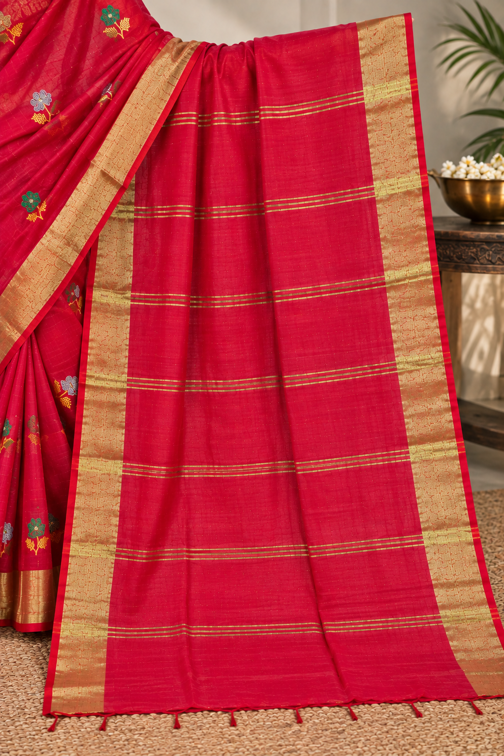 Women’s Hot Pink Cotton Blend Handloom Saree | Floral Embroidery | Golden Zari Border | Green-Gold Stripe Pallu | Traditional Festive Wear