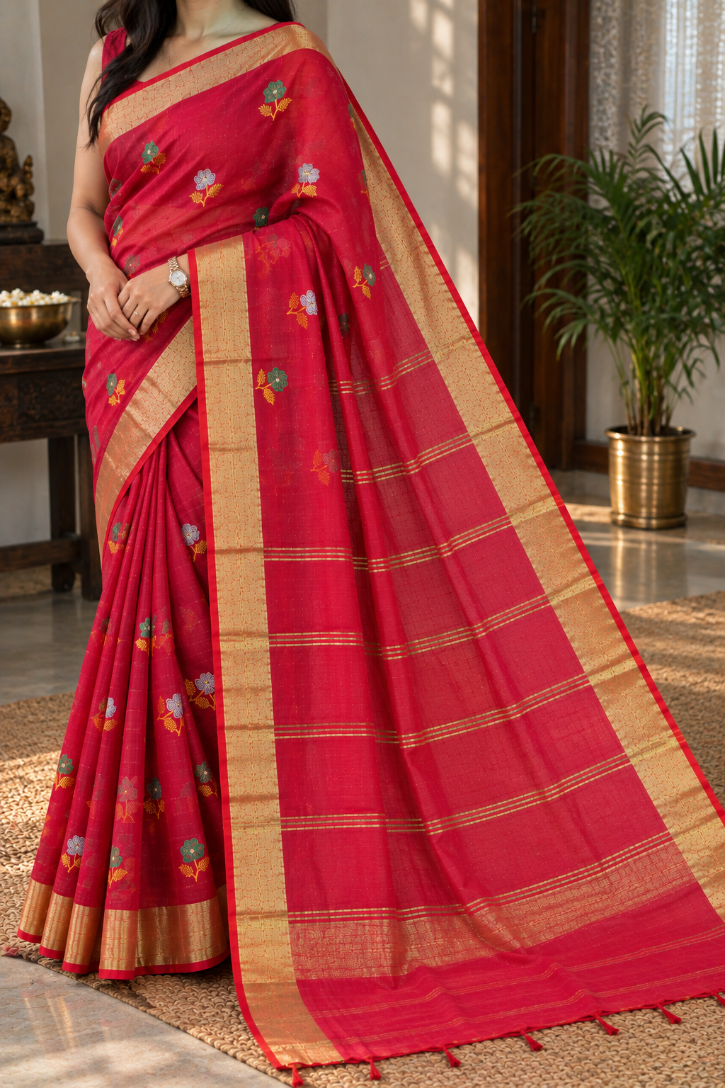 Women’s Hot Pink Cotton Blend Handloom Saree | Floral Embroidery | Golden Zari Border | Green-Gold Stripe Pallu | Traditional Festive Wear