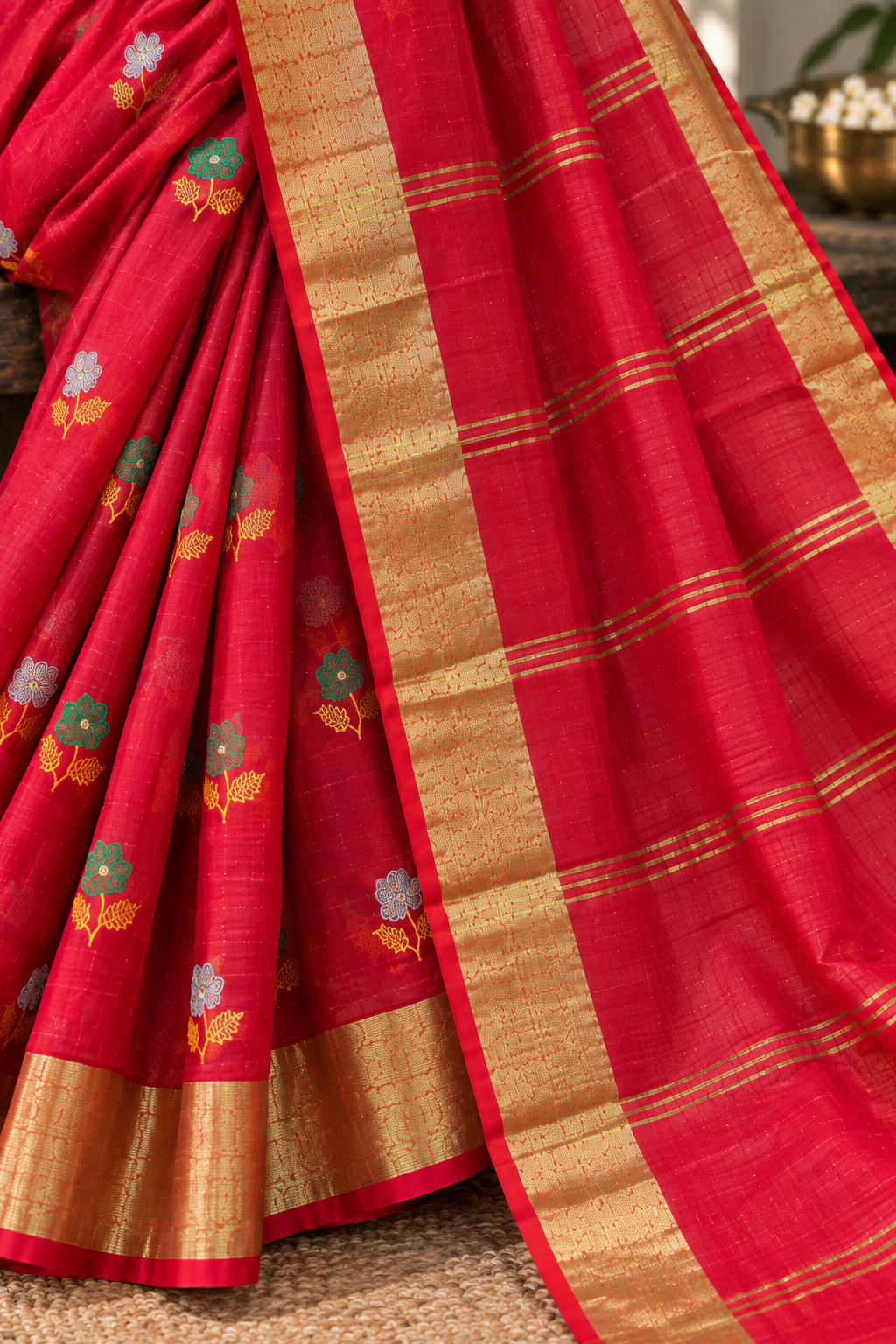 Women’s Hot Pink Cotton Blend Handloom Saree | Floral Embroidery | Golden Zari Border | Green-Gold Stripe Pallu | Traditional Festive Wear