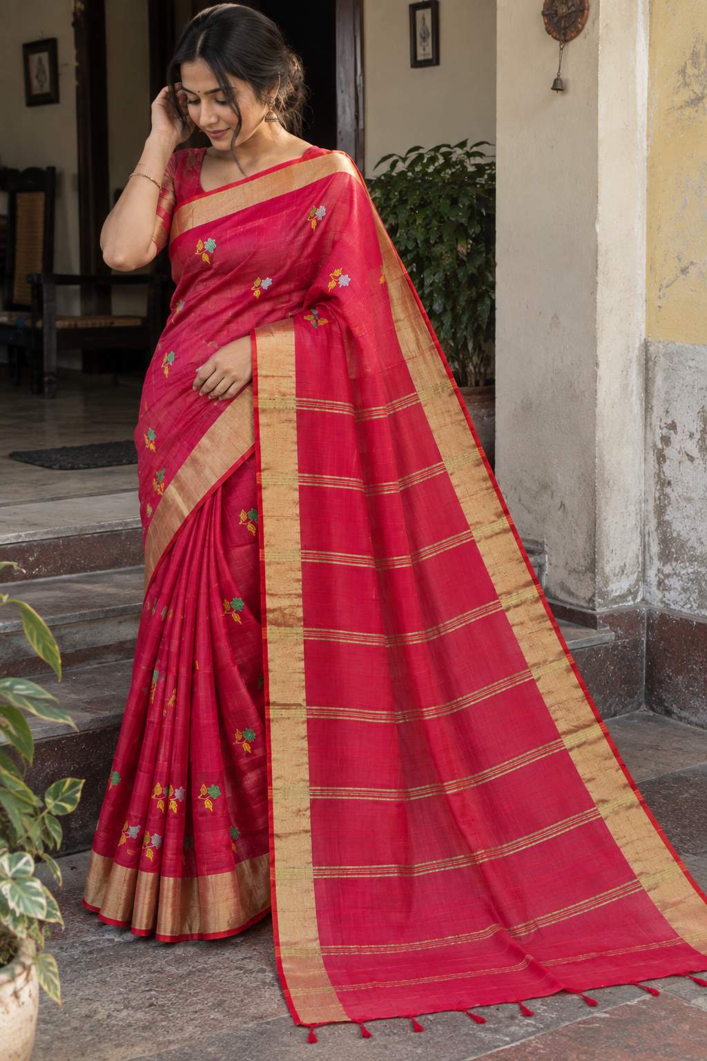 Women’s Hot Pink Cotton Blend Handloom Saree | Floral Embroidery | Golden Zari Border | Green-Gold Stripe Pallu | Traditional Festive Wear