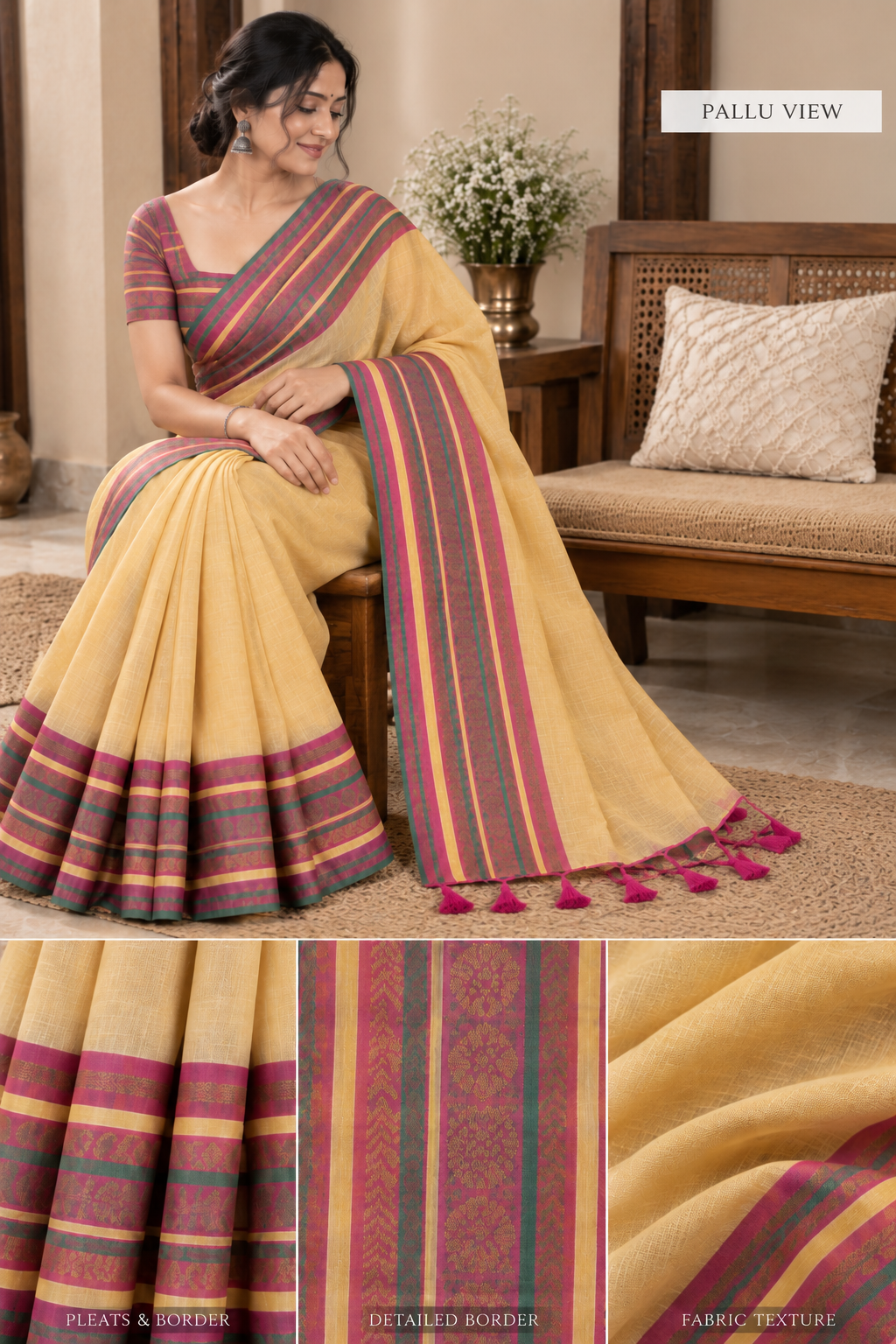 Reshiva Women’s Pure Cotton Mull Cotton Saree | Beige Saree with Multicolour Striped Zari Border & Pallu | Traditional Ethnic Saree | 5.5 Metre | Blouse Not Included