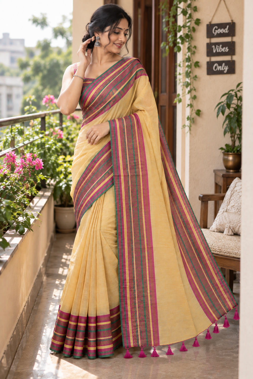 Reshiva Women’s Pure Cotton Mull Cotton Saree | Beige Saree with Multicolour Striped Zari Border & Pallu | Traditional Ethnic Saree | 5.5 Metre | Blouse Not Included