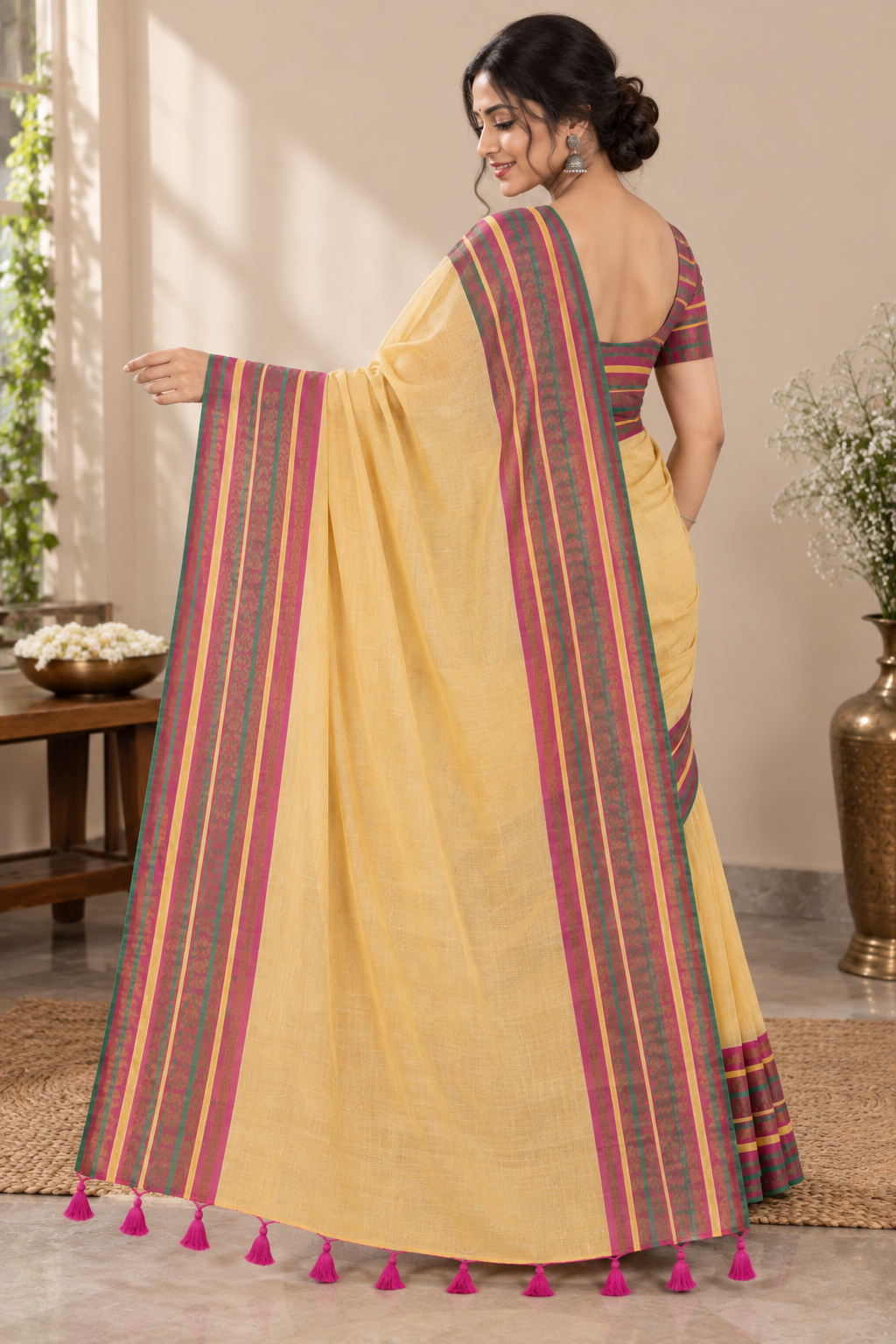 Reshiva Women’s Pure Cotton Mull Cotton Saree | Beige Saree with Multicolour Striped Zari Border & Pallu | Traditional Ethnic Saree | 5.5 Metre | Blouse Not Included