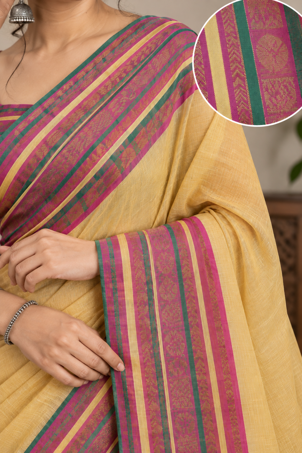 Reshiva Women’s Pure Cotton Mull Cotton Saree | Beige Saree with Multicolour Striped Zari Border & Pallu | Traditional Ethnic Saree | 5.5 Metre | Blouse Not Included