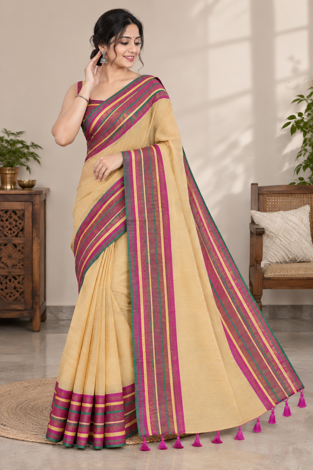 Reshiva Women’s Pure Cotton Mull Cotton Saree | Beige Saree with Multicolour Striped Zari Border & Pallu | Traditional Ethnic Saree | 5.5 Metre | Blouse Not Included