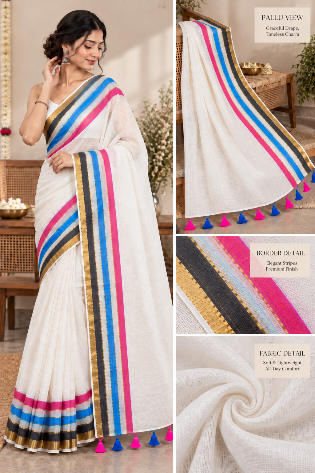 Women’s Pure Cotton White Mull Saree | Plain Body | Multicolour Striped Zari Border | Striped Zari Pallu | Traditional Ethnic Wear