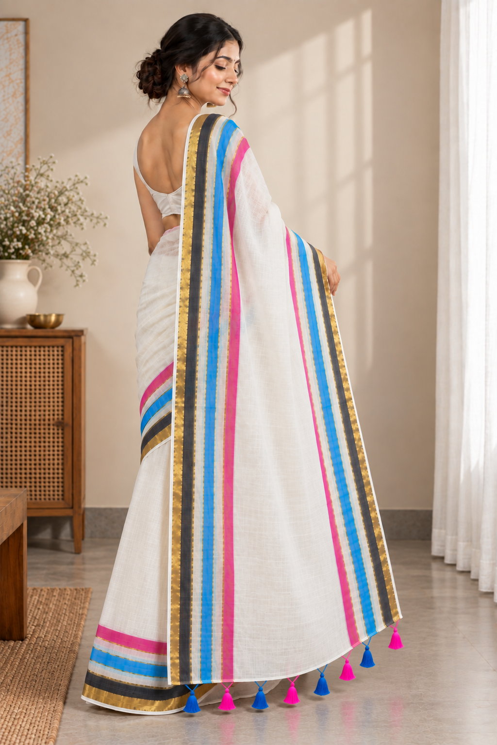 Women’s Pure Cotton White Mull Saree | Plain Body | Multicolour Striped Zari Border | Striped Zari Pallu | Traditional Ethnic Wear