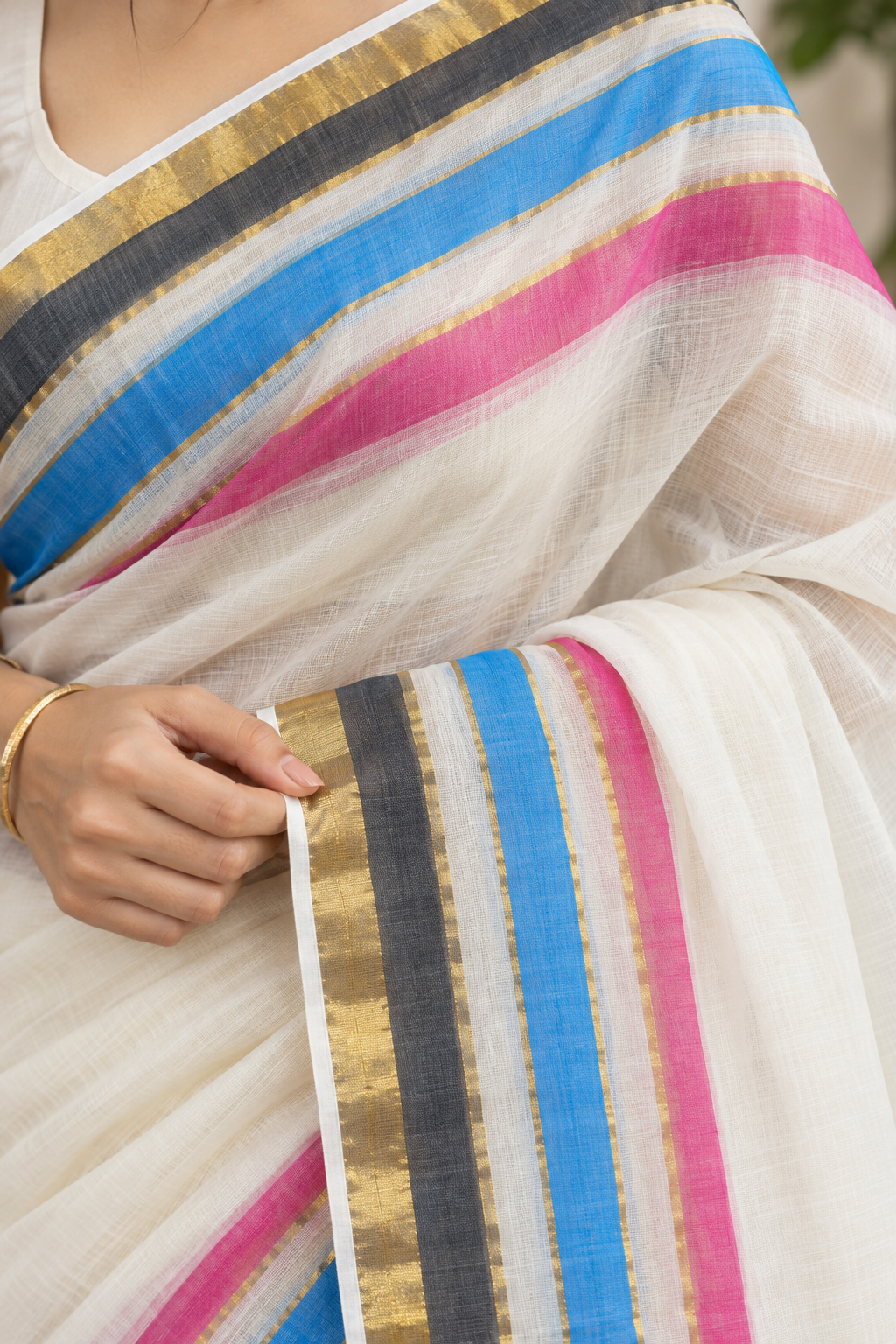 Women’s Pure Cotton White Mull Saree | Plain Body | Multicolour Striped Zari Border | Striped Zari Pallu | Traditional Ethnic Wear