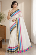 Women’s Pure Cotton White Mull Saree | Plain Body | Multicolour Striped Zari Border | Striped Zari Pallu | Traditional Ethnic Wear