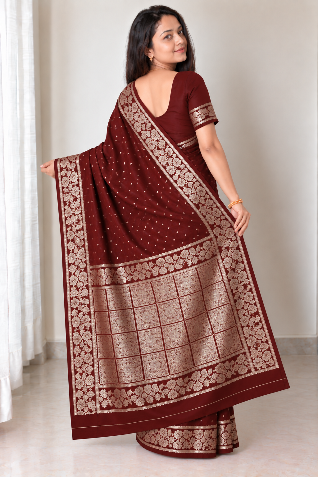 Reshiva Women’s Pure Silk Banarasi Saree | Maroon Saree with Small Floral Buti & Rich Zari Work | Paisley & Leafy Motif Border | Heavy Zari Pallu