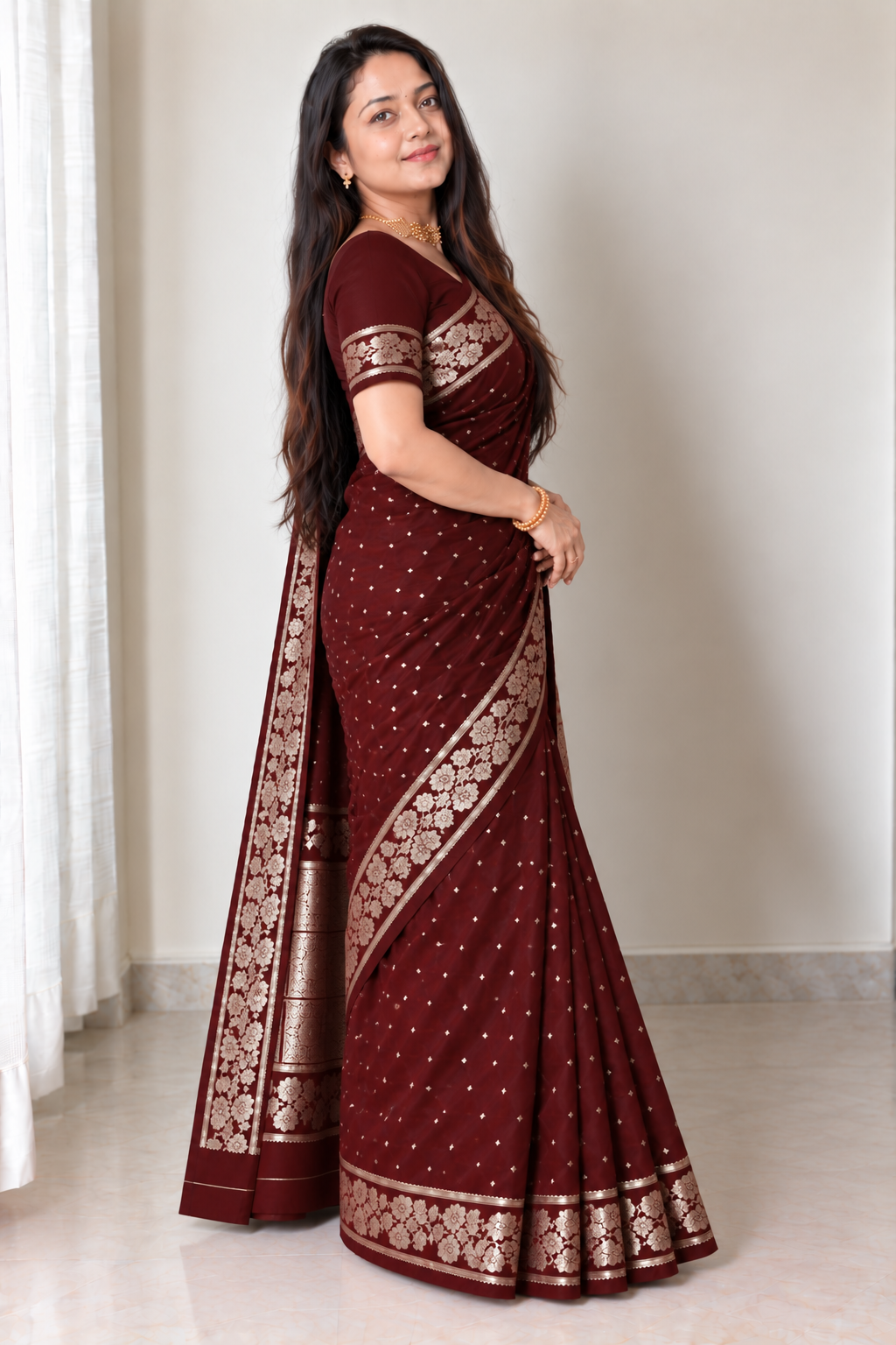 Reshiva Women’s Pure Silk Banarasi Saree | Maroon Saree with Small Floral Buti & Rich Zari Work | Paisley & Leafy Motif Border | Heavy Zari Pallu