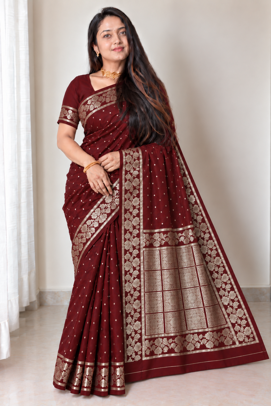 Reshiva Women’s Pure Silk Banarasi Saree | Maroon Saree with Small Floral Buti & Rich Zari Work | Paisley & Leafy Motif Border | Heavy Zari Pallu