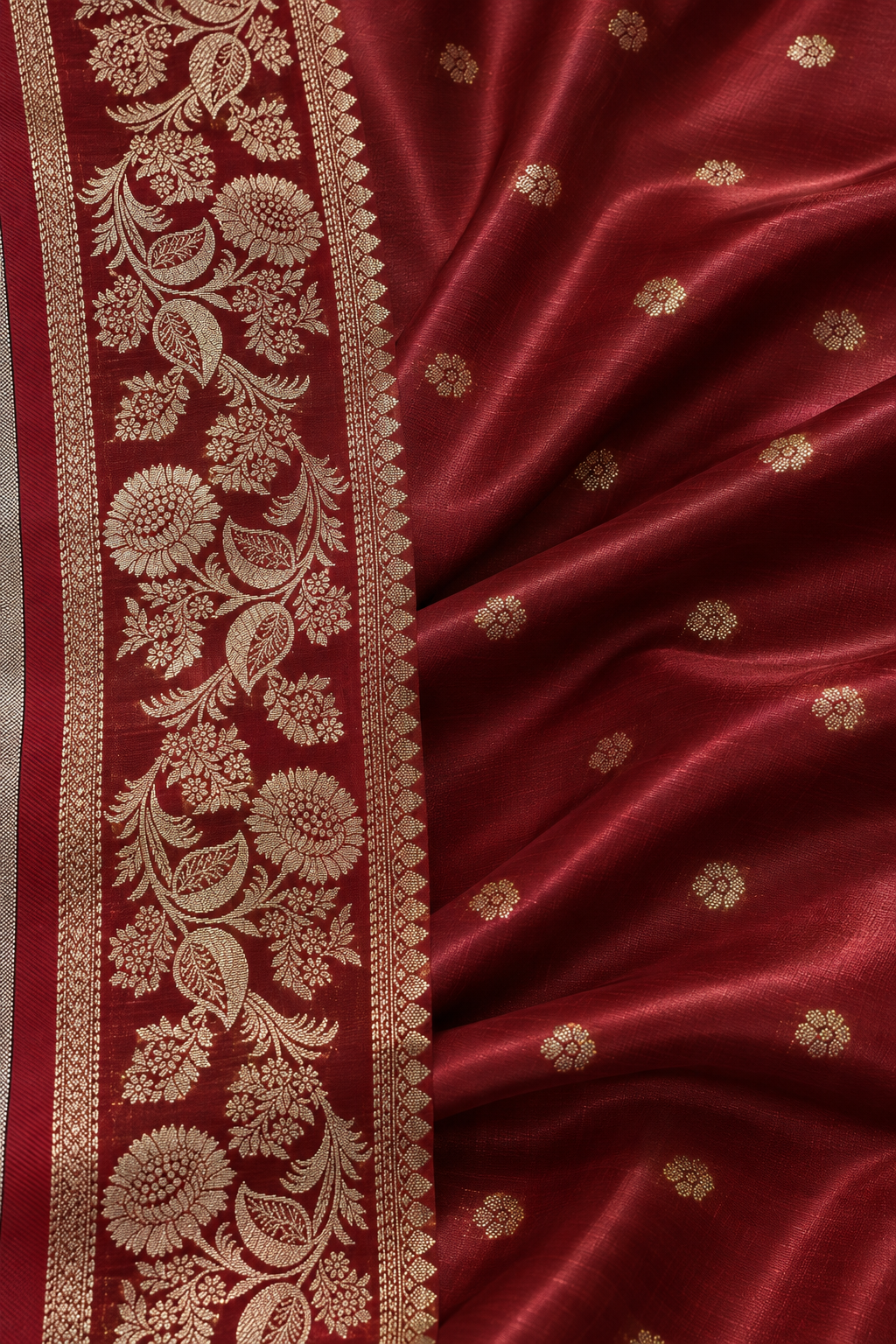 Reshiva Women’s Pure Silk Banarasi Saree | Maroon Saree with Small Floral Buti & Rich Zari Work | Paisley & Leafy Motif Border | Heavy Zari Pallu