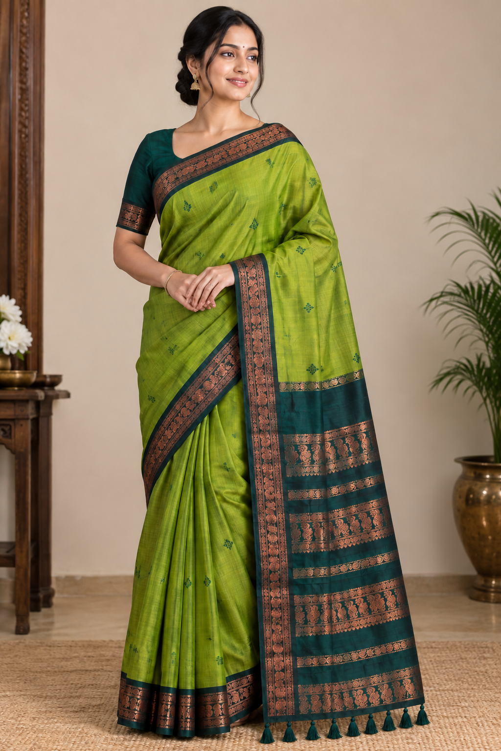 Reshiva Women’s Gadwal Cotton Silk Saree | Parrot Green & Bottle Green Contrast | Floral Buti Design | Golden Zari Border & Broad Zari Pallu | With Unstitched Blouse