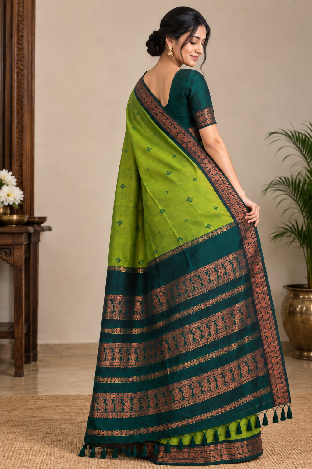 Reshiva Women’s Gadwal Cotton Silk Saree | Parrot Green & Bottle Green Contrast | Floral Buti Design | Golden Zari Border & Broad Zari Pallu | With Unstitched Blouse