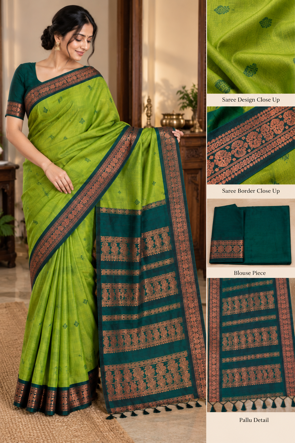 Reshiva Women’s Gadwal Cotton Silk Saree | Parrot Green & Bottle Green Contrast | Floral Buti Design | Golden Zari Border & Broad Zari Pallu | With Unstitched Blouse
