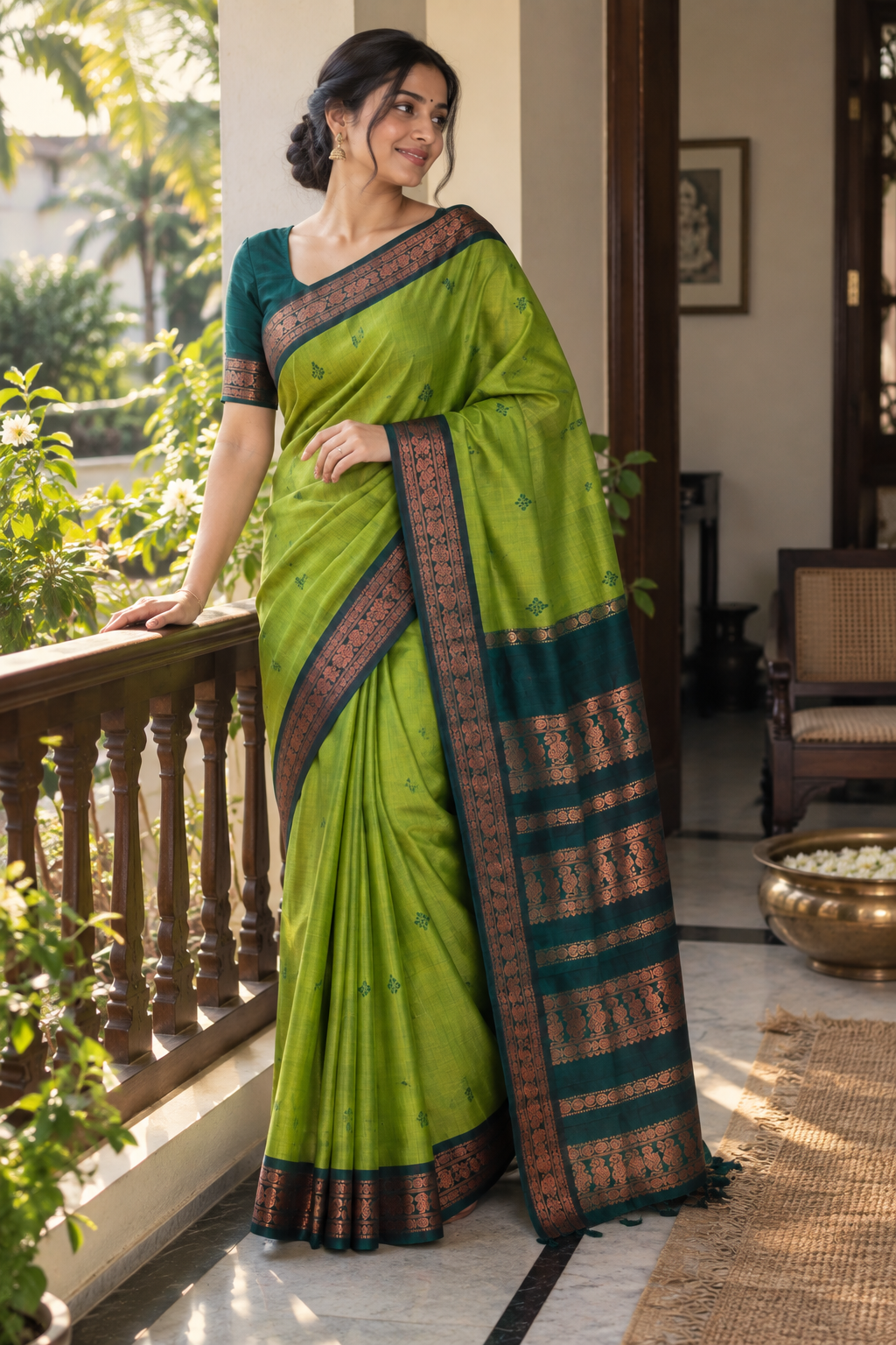 Reshiva Women’s Gadwal Cotton Silk Saree | Parrot Green & Bottle Green Contrast | Floral Buti Design | Golden Zari Border & Broad Zari Pallu | With Unstitched Blouse
