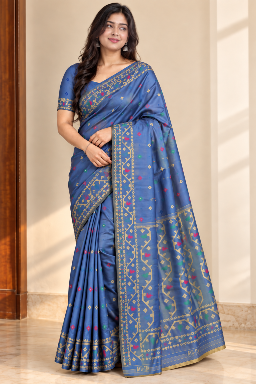 Kalakshetra Pure Silk Steel Blue Saree | Golden Geometric Woven Border | Multicolour Buti | Unstitched Blouse