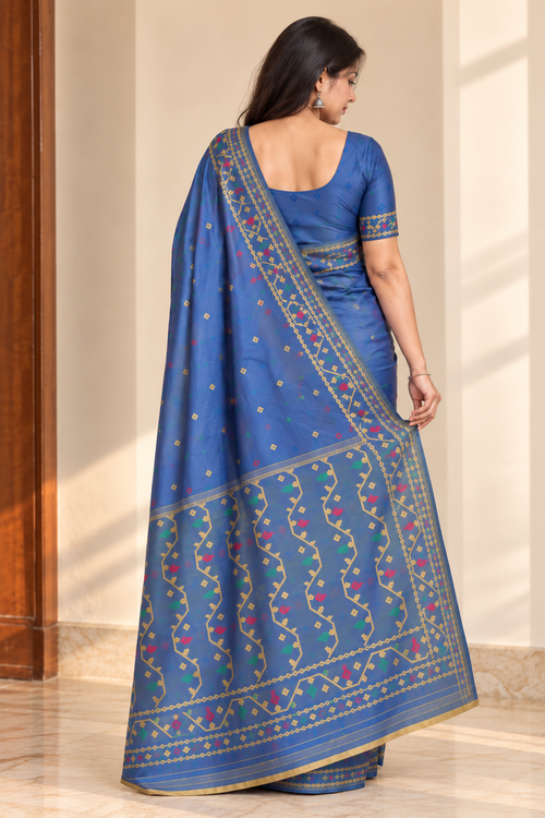 Kalakshetra Pure Silk Steel Blue Saree | Golden Geometric Woven Border | Multicolour Buti | Unstitched Blouse