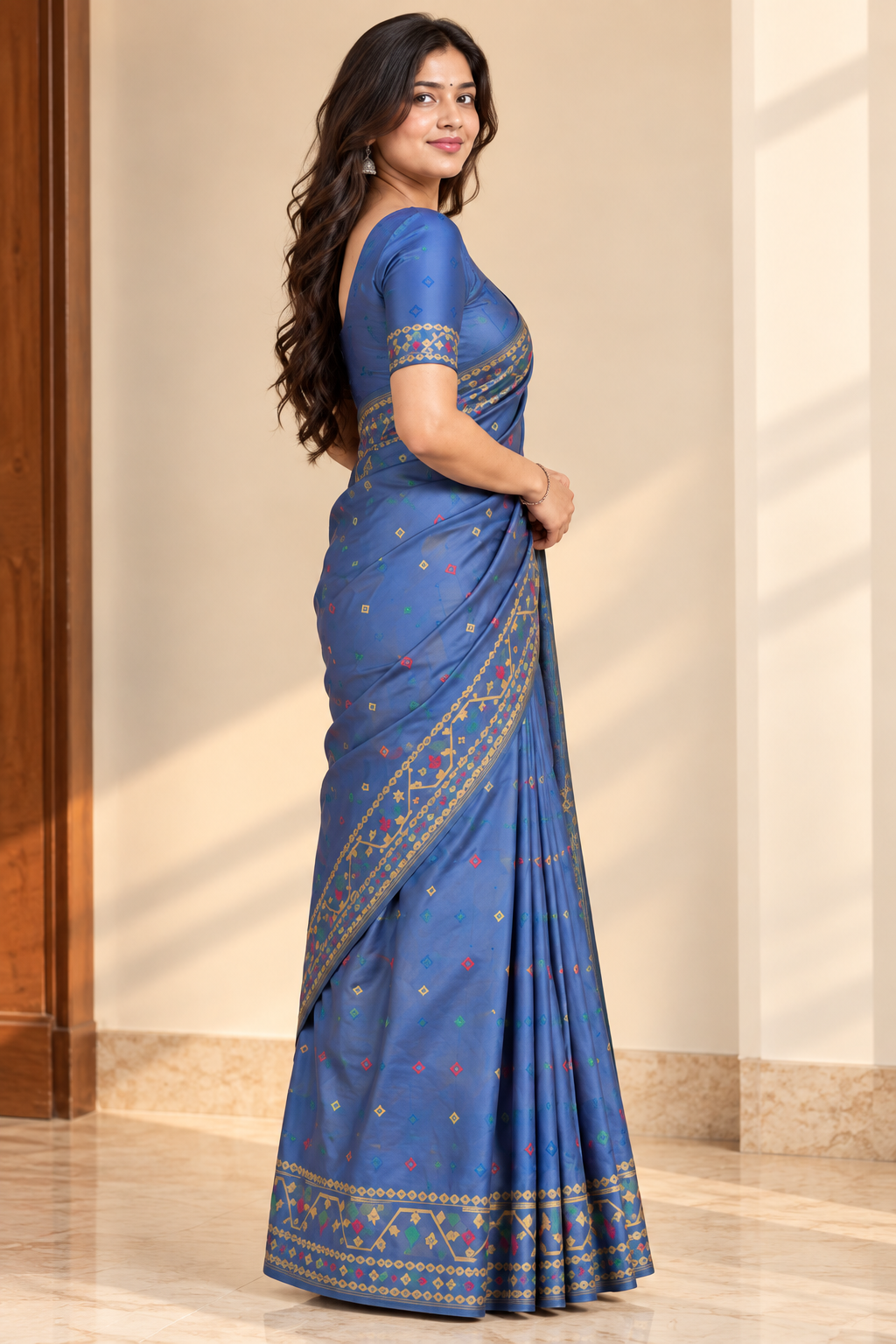 Kalakshetra Pure Silk Steel Blue Saree | Golden Geometric Woven Border | Multicolour Buti | Unstitched Blouse
