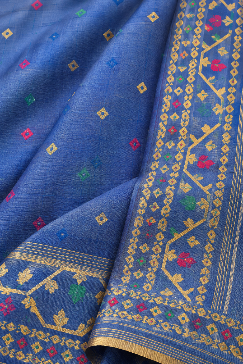 Kalakshetra Pure Silk Steel Blue Saree | Golden Geometric Woven Border | Multicolour Buti | Unstitched Blouse