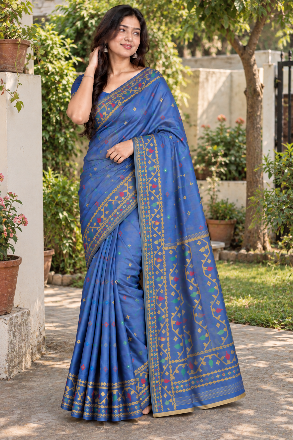Kalakshetra Pure Silk Steel Blue Saree | Golden Geometric Woven Border | Multicolour Buti | Unstitched Blouse