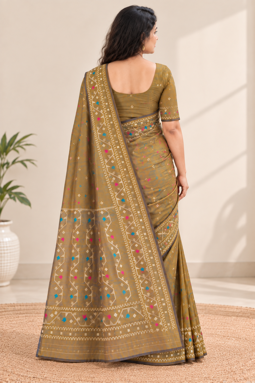 Reshiva Women’s Kalakshetra Pure Silk Saree | Mustard & Steel Blue Dual Tone | Geometric Thread-Woven Design with Multicolour Buti | Wide Woven Border & Pallu
