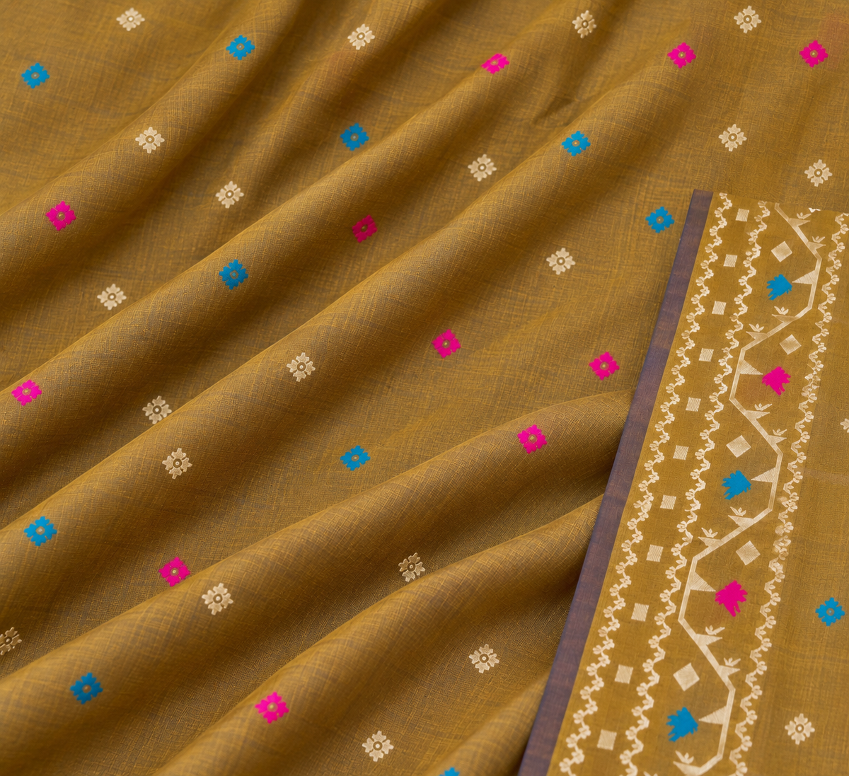 Reshiva Women’s Kalakshetra Pure Silk Saree | Mustard & Steel Blue Dual Tone | Geometric Thread-Woven Design with Multicolour Buti | Wide Woven Border & Pallu