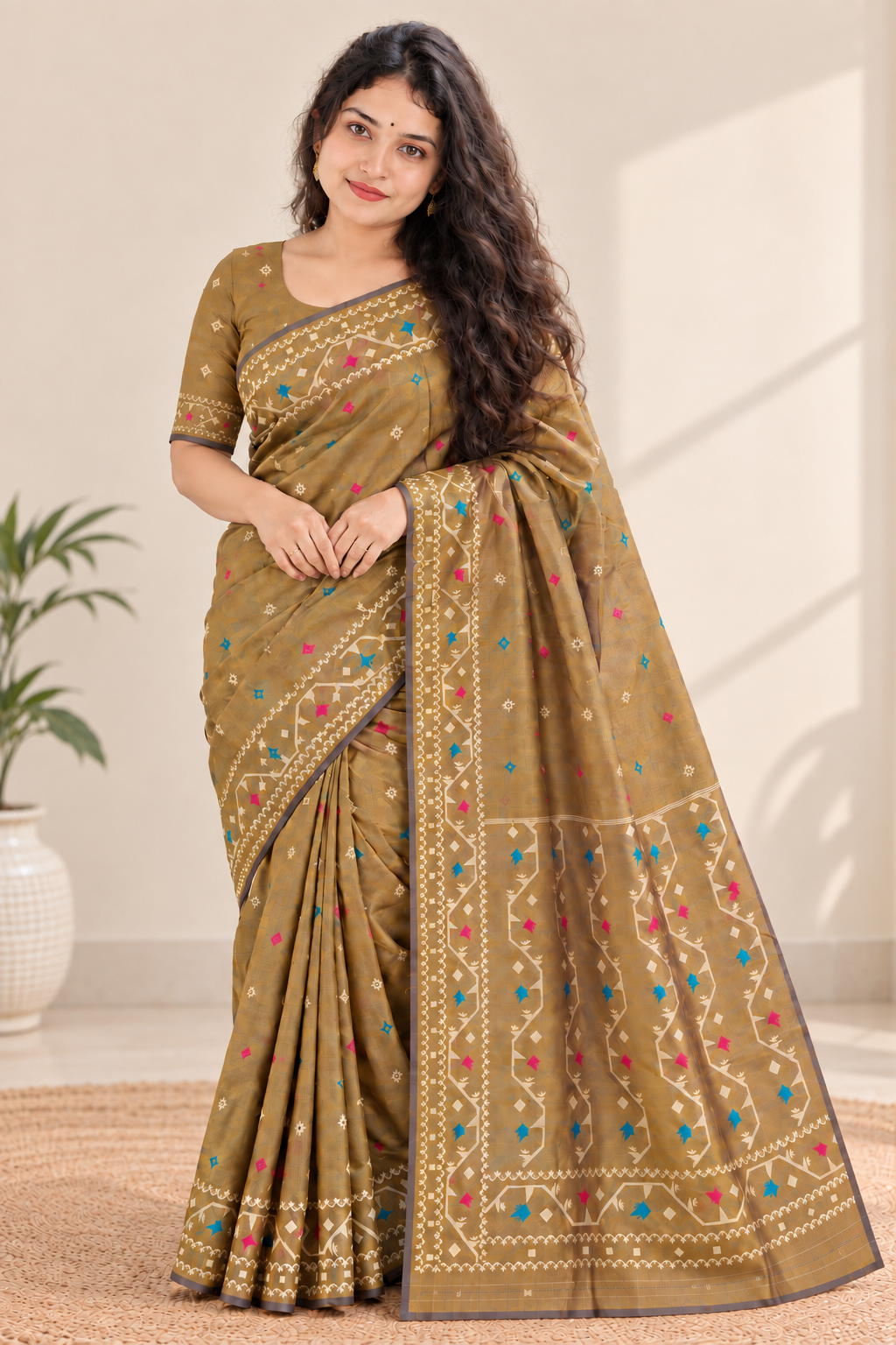 Reshiva Women’s Kalakshetra Pure Silk Saree | Mustard & Steel Blue Dual Tone | Geometric Thread-Woven Design with Multicolour Buti | Wide Woven Border & Pallu
