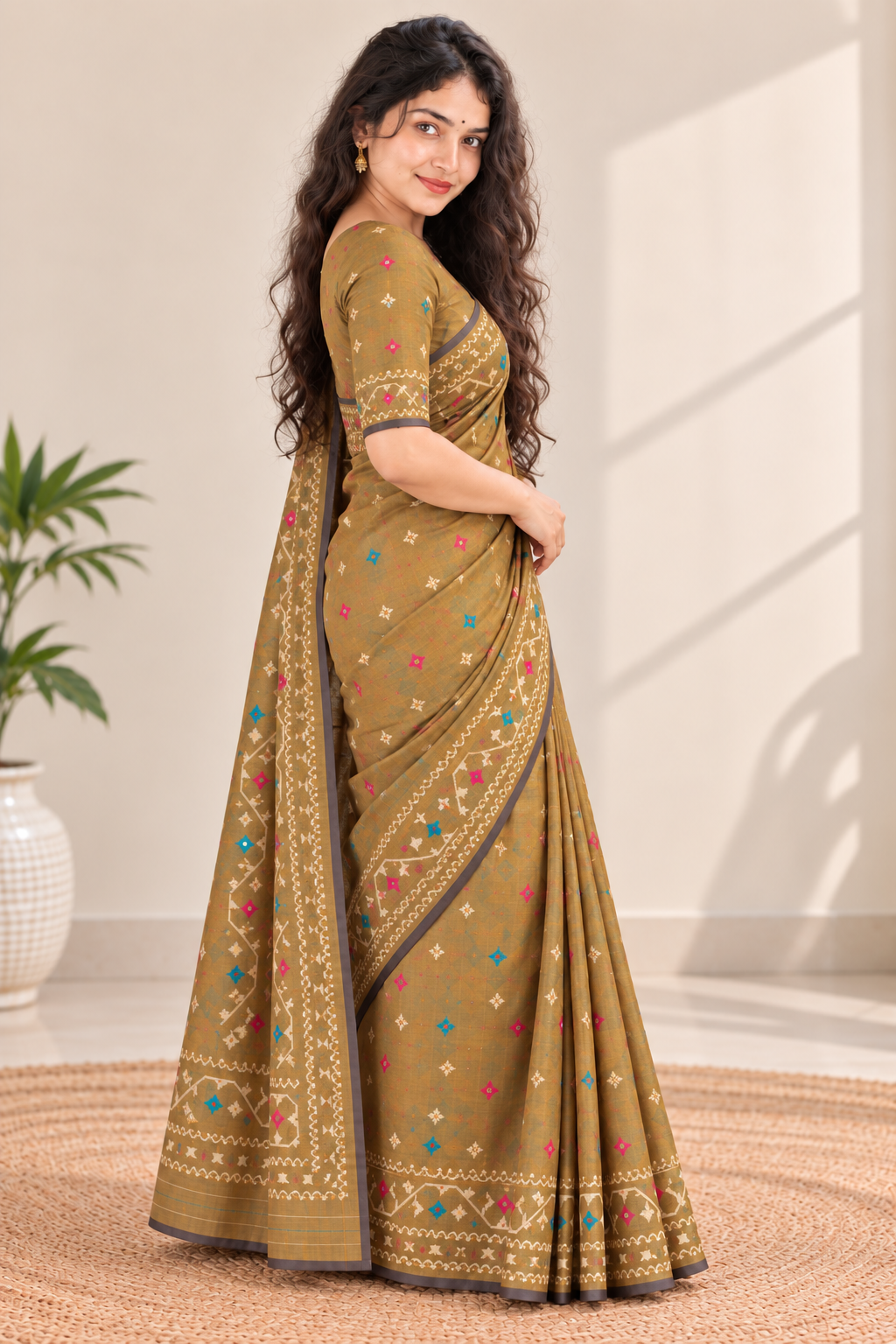 Reshiva Women’s Kalakshetra Pure Silk Saree | Mustard & Steel Blue Dual Tone | Geometric Thread-Woven Design with Multicolour Buti | Wide Woven Border & Pallu