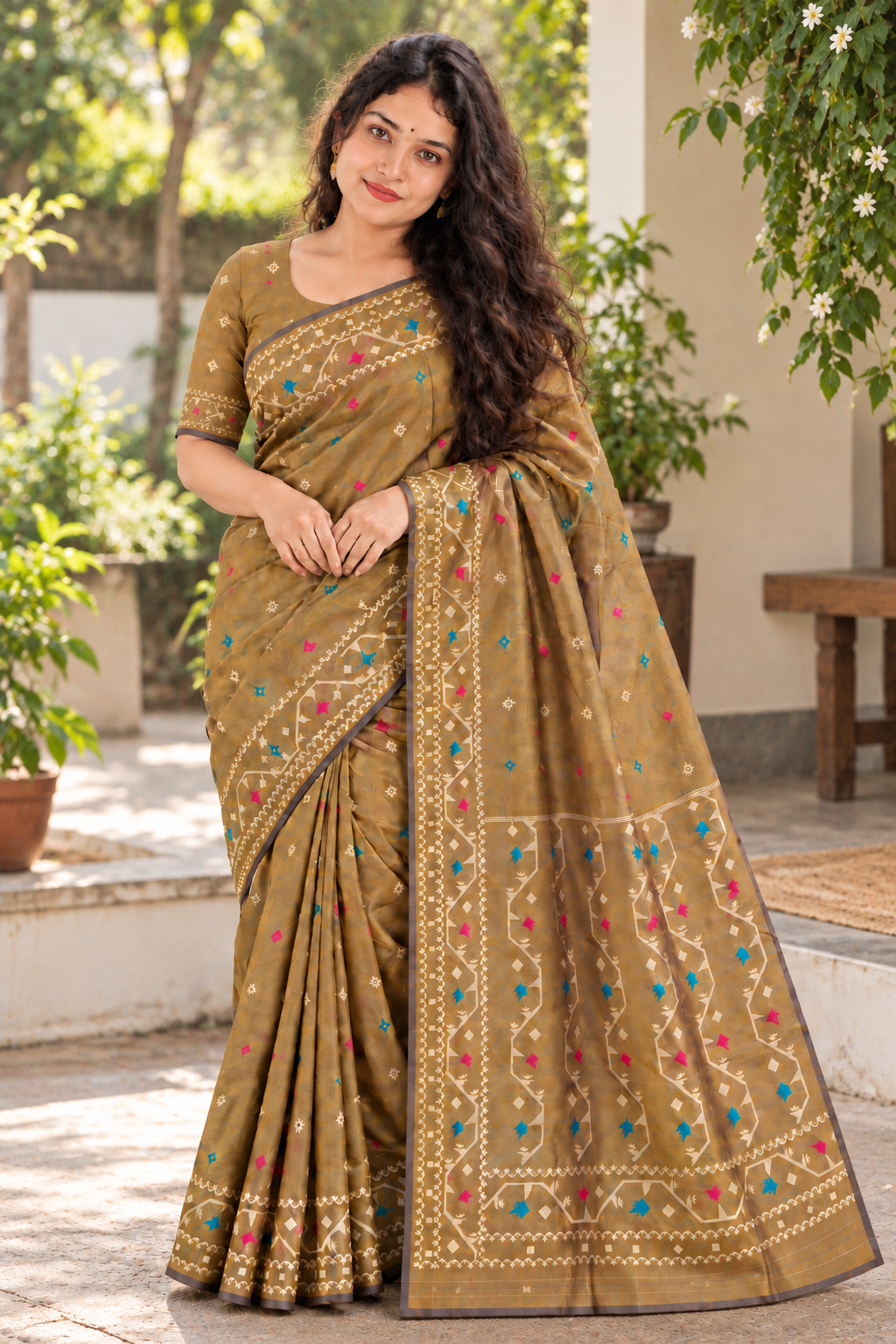 Reshiva Women’s Kalakshetra Pure Silk Saree | Mustard & Steel Blue Dual Tone | Geometric Thread-Woven Design with Multicolour Buti | Wide Woven Border & Pallu