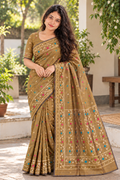 Reshiva Women’s Kalakshetra Pure Silk Saree | Mustard & Steel Blue Dual Tone | Geometric Thread-Woven Design with Multicolour Buti | Wide Woven Border & Pallu