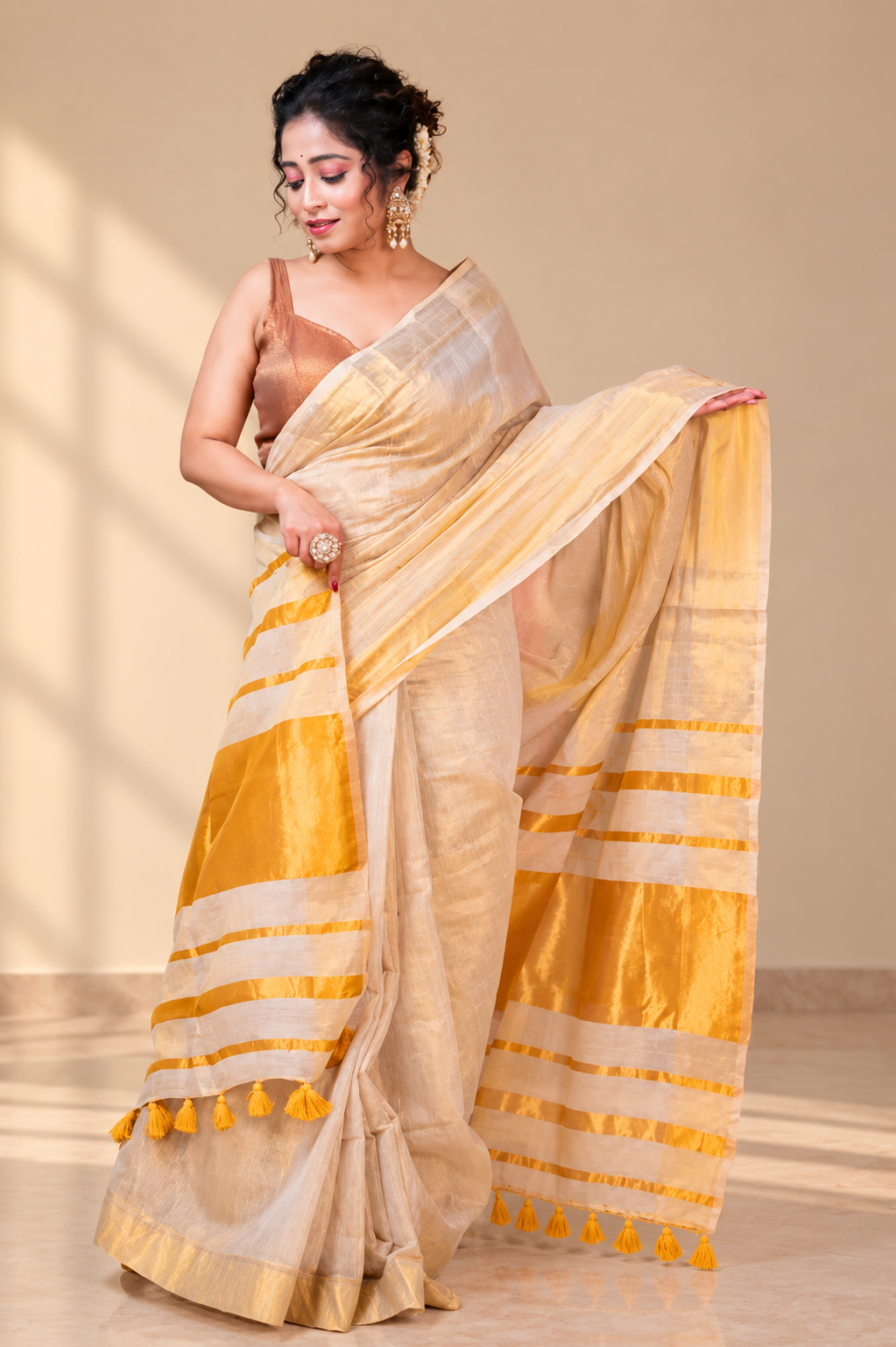 ReshivaFashion Striped, Woven, Embellished Bollywood Cotton Silk Saree